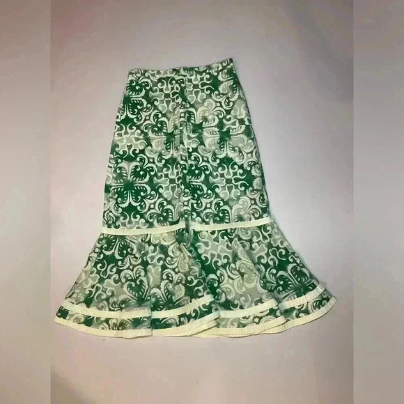 Alexis Galli Midi Skirt M Linen Cotton Sage Ivory Straw Raffia Hem Ruffle $473 - Picture 2 of 10